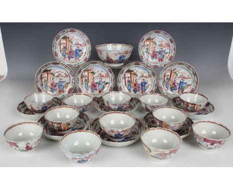 A Chinese famille rose export porcelain part tea and coffee service, Qianlong period, each piece painted with a figural garde