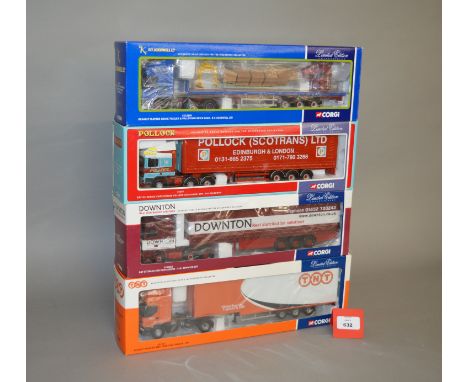 Four Corgi 1:50 scale diecast models: CC12111 TNT Renault Premium Step Frame Box Trailer; CC13211 Downton DAF XF Space Cab Cu