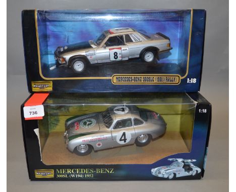 Two boxed Ricko Mercedes Benz diecast model cars in 1:18 scale, a 1981 500SLC Rally and a 1952 300SL (W194). Both models appe