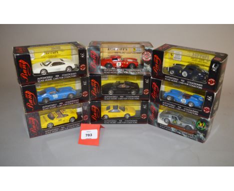 Nine boxed 'Bang' (Italy) diecast Ferrari model cars in 1:43 scale, including 250 GTO, 348 ts and 355 GTS Pace Car variants. 