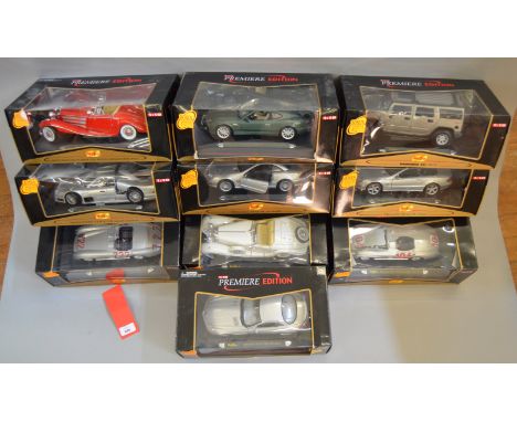 10 x Maisto Premiere Edition 1:18 scale diecast model cars, including Mercedes-Benz. VG, boxes.