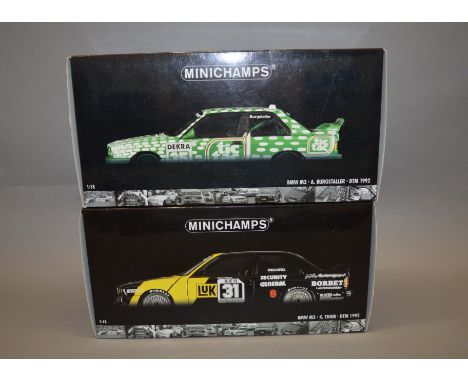 Two boxed Minichamps BMW M3 diecast model cars in 1:18 scale, K. Thiim and  A. Burgstaller both DTM 1992. Models appear VG in