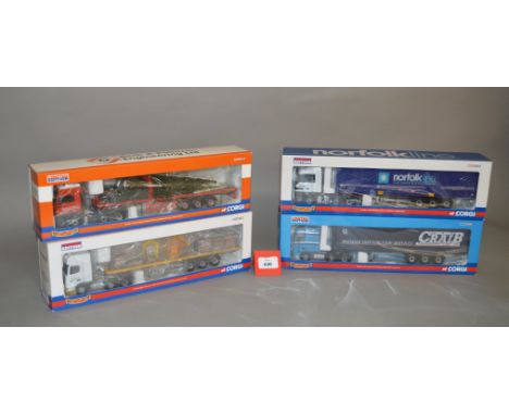 Four Corgi Hauliers of Renown 1:50 scale diecast models: CC13806 Norfolk Line Mercedes-Benz Actros Curtainside; CC13228 ARR C