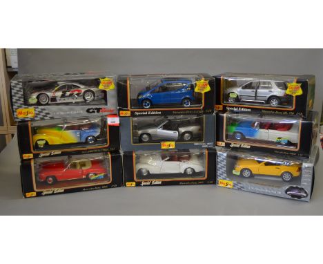 Nine Maisto 1:18 scale diecast model cars, including Mercedes-Benz. G-VG, boxed. (9)