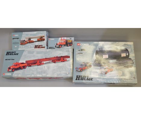 Four Corgi Heavy Haulage 1:50 scale diecast models: 31014 Sunter Brothers Guy Invincible Long Platform Trailer, Pipe Load & D
