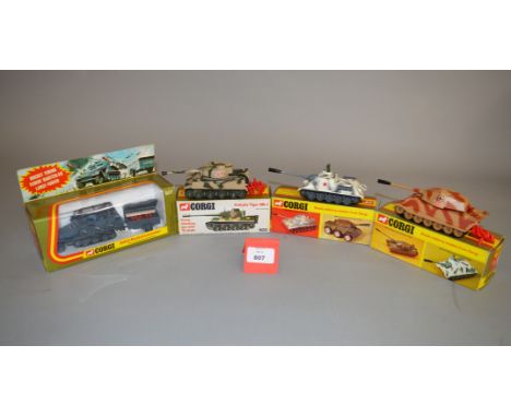 Four boxed Corgi Toys military diecast models, #900 PzKpfw Tiger Mk I, #904 PzKpfw VI Tiger II King Tiger and #905 SU100 Russ