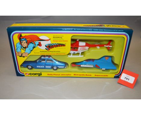 A boxed Corgi Toys Gift Set 21 'Superman' containing three diecast models, Daily Planet Jetcopter, Metropolis Buick and Super