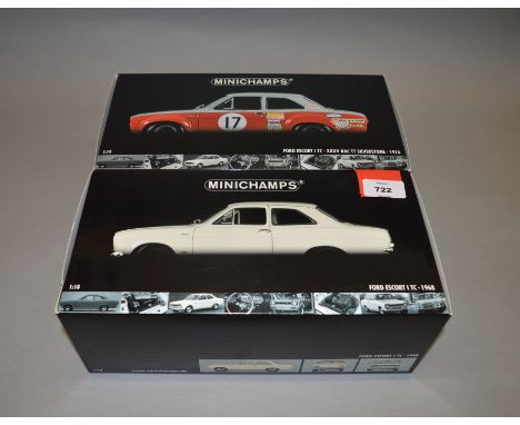 Two boxed Minichamps Ford Escort I TC diecast model cars in 1:18 scale, 1968 and XXXV RAC TT Silverstone 1970 versions. Model