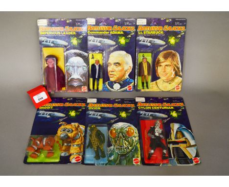 A complete set of six Mattel Battlestar Galactica action figures: Imperious Leader; Cylon Centurian; Ovion; Daggit; Lt. Starb