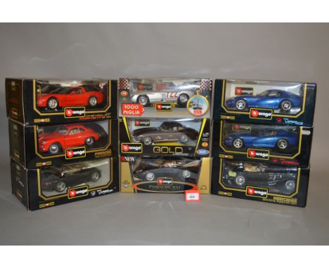 Nine Bburago 1:18 scale diecast model cars, including Dodge Viper; Porsche, Mercedes, etc. VG, boxed. (9)