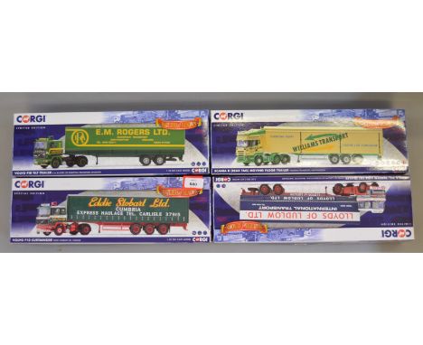Four Corgi Hauliers of Renown 1:50 scale diecast models: CC15504 EM Rogers Volvo F10 Tilt Trailer; CC13746 Williams Transport