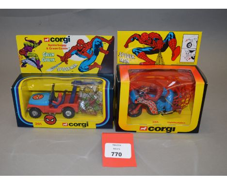 Two Corgi Toys 'Spiderman' related diecast models, #261 Spiderbuggy & Green Goblin and #266 Spiderbike. Both models appear G+