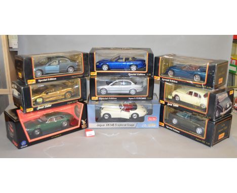 Nine 1:18 scale diecast Jaguar model cars by Maisto, SunStar and Road Signature, including X Type, S Type, XK8, etc. G-VG, bo