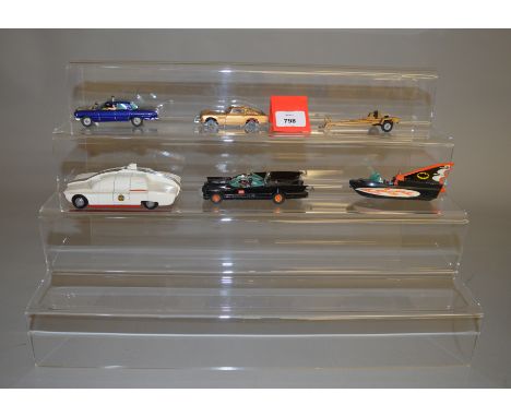 A small group of unboxed playworn TV related diecast models by Dinky and Corgi including  267 Batmobile, 261 James Bond Aston