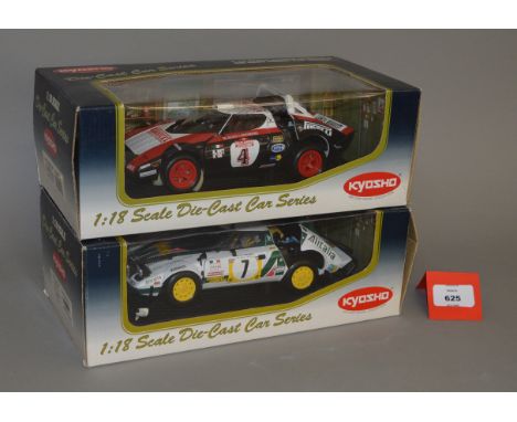 Two Kyosho 1:18 scale Lancia Stratos HF diecast model cars: 08136B Rally '78 Sanremo No. 4; Alitalia '77 Safari No. 7. VG, bo