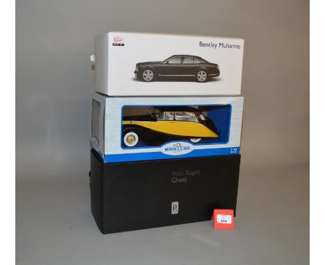 Three 1:18 scale diecast model cars, including Rastar Bentley, Kyosho Rolls-Royce Ghost and ModelCar Rolls-Royce. VG in G-VG 