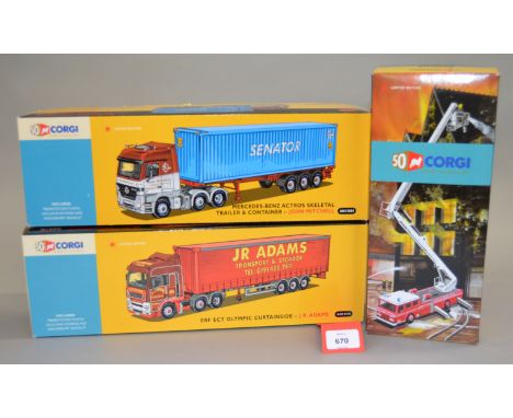 Three Corgi 50th Anniversary 1:50 scale diecast models: AN13009 Dennis F125 Simon Snorkel; AN13418 JR Adams ERF ECT Olympic C