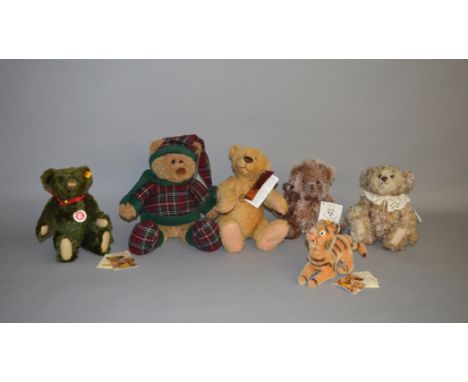 Six teddy bears: three Steiff, two with tags attached; Canterbury Bears Pebbles; two Gund, including Cliff Richard bear. Appe