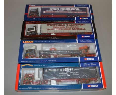 Four Corgi 1:50 scale diecast model lorries: CC12205 Stan Robinson Group Scania Curtainside; CC12213 Westfield Transport Scan