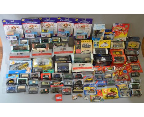 A good quantity of boxed and carded diecast models by Cararama, Lledo, Schuco and others, including 1:72 and 1:76 railway sca