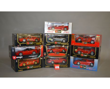 10 x Bburago 1:18 scale diecast Ferrari models, including: F50; F40; 250 Testa Rossa; etc. VG, boxed.