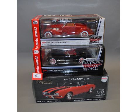 Two boxed ERTL Collectibles diecast model cars in 1:18 scale, a Cord 812 Convertible and a 1954 Chevy Corvette together with 