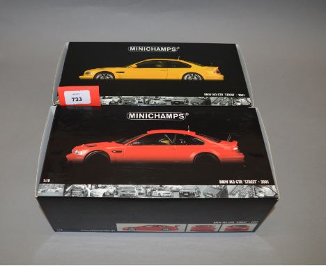 Two boxed Minichamps BMW M3 GTR 'Street 2001' diecast model cars in 1:18 scale, yellow and red variants. Both appear VG in G+