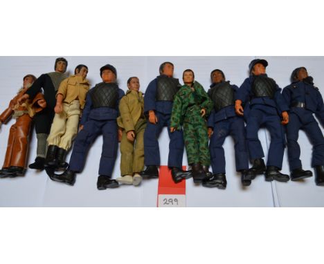 Quantity of 8" action figures: LJN The Rookies Terry; four LJN SWAT; Madelman; three Lion Rock (Mego) Combat Man; one other. 