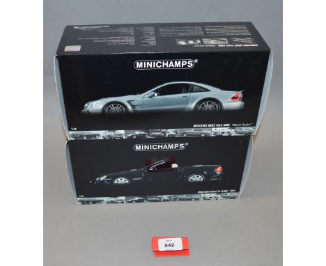 Two boxed Minichamps Mercedes Benz  diecast model cars in 1:18 scale, an SL Class 2001 model and an SL65 AMG 'Black Series'. 