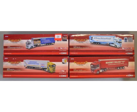 Four Corgi Hauliers of Renown 1:50 scale diecast models: CC14024 GA Newsome Volvo FH Open Curtainside with Box Load; CC13736 