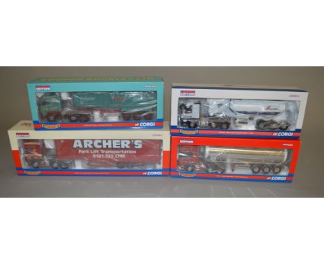 Four Corgi Hauliers of Renown 1:50 scale diecast models: CC13712 Shirley's Transport Scania R Series Tanker; CC13518 Cemex Vo