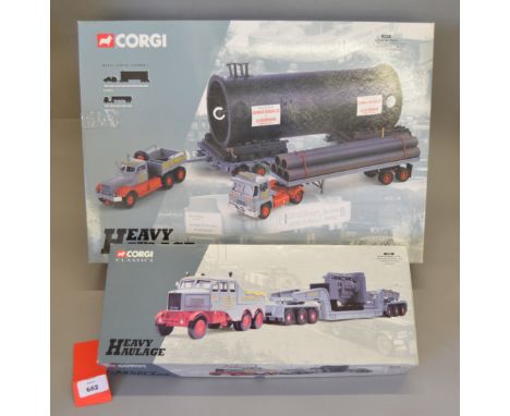 Two Corgi Heavy Haulage Sunter Brothers 1:50 scale diecast models: 17602 Scammell Constructor & 24 Wheel Low Loader with Load