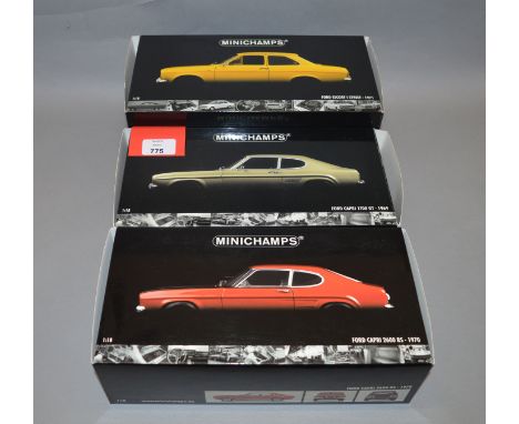 Three boxed Minichamps Ford diecast model cars in 1:18 scale, Capri 1700GT 1969, Capri 2600RS 1970 and a Ford Escort 1971 'St