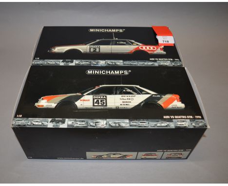 Two boxed Minichamps Audi V8 Quatro diecast model cars in 1:18 scale, DTM 1990 and 1992. Models appear VG in generally G+ box