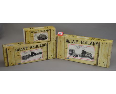 Three Corgi Heavy Haulage 1:50 scale diecast models: CC13203 Allely's Heavy Haulage DAF XF Super Space Cab, King Trailer & Lo