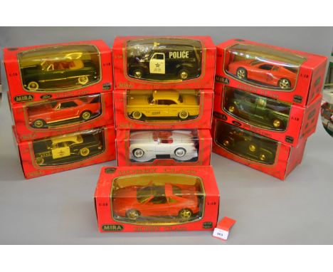 10 x Mira 1:18 scale diecast models, including Chevy Pick-up, Buick Century, Ford Mustang, etc. Boxed, VG. 