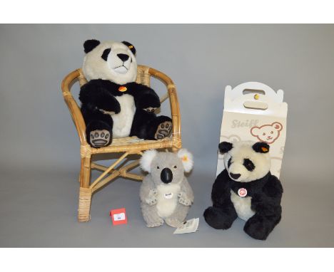 Three Steiff teddy bears: Ossi Koala; Manschli Panda; Siro Panda. All with chest tags. VG, together with a wicker chair and a