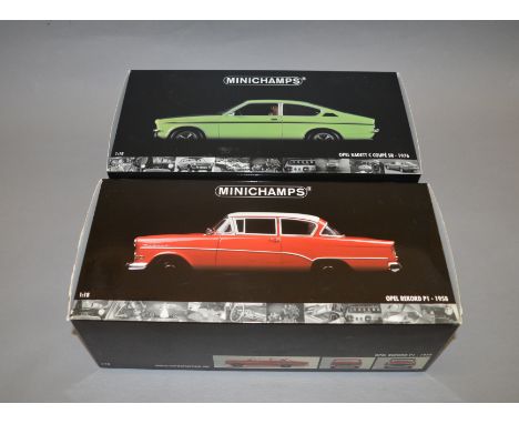 Two boxed Minichamps diecast model cars in 1:18 scale, Opel Kadett C Coupe SR -1976 and an Opel Rekord P1 -1958, both appear 