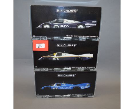 Three boxed Minichamps Porsche 956L Le Mans 1983 diecast model cars in 1:18 scale, Andretti/Alliot, Holbert/Haywood/Schuppan,