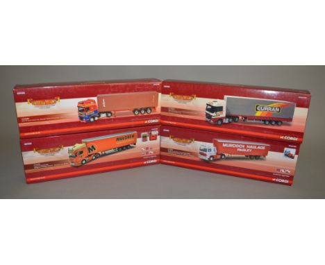 Four Corgi Hauliers of Renown 1:50 scale diecast models: CC13240 Peter Wood Haulage DAF XF Super Space Cab, Skeletal Trailer 