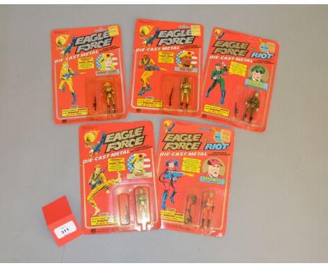 Five Mego Eagle Force diecast action figures: Goldie Hawk; Big Bro'; General Mamba; Beta Man; Kayo. All E, sealed on G-VG car
