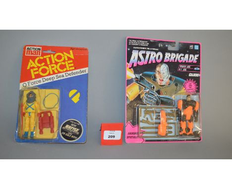 Two vintage figures: Palitoy Action Man Action Force Q Force Deep Sea Defender; Hasbro GI Joe Astro Brigade Robot-Joe. E on G