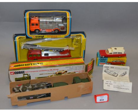 Four boxed Corgi Toys diecast models, 437 Superior Ambulance, G+ with instruction sheet in F/G box, 1116 Revopak VG in F/G bo