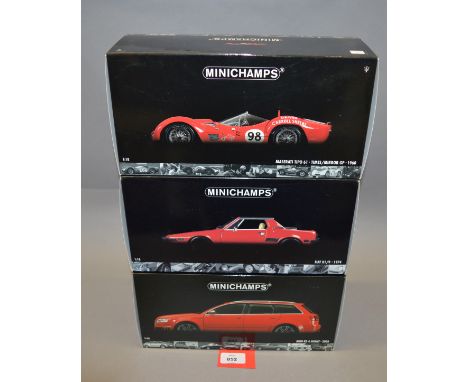 Three boxed Minichamps diecast models in 1:18 scale, an Audi RS 4 Avant 2006, a Fiat X1/9 1974 and a Maserati Tipo 61 Times/M