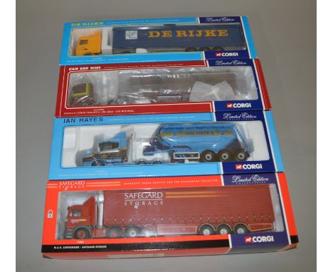 Four Corgi 1:50 scale diecast model lorries: CC13204 De Rijke DAF XF Space Cab Curtainside; CC12208 Van Der Wiel Scania Flatb