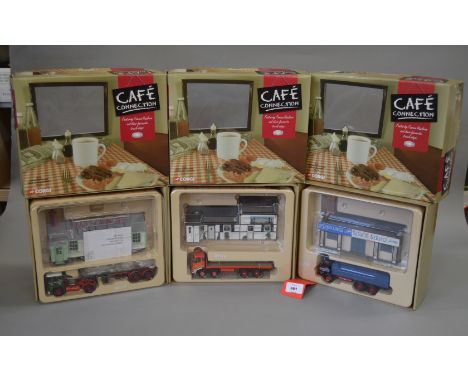 Three Corgi Cafe Connection 1:50 scale diecast models with cafe models: CC11501 AEC Mammoth Major; CC11603 Albion Riva; CC117