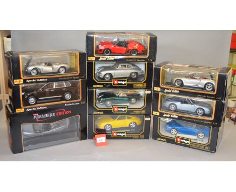 10 x 1:18 scale diecast Porsche model cars by Bburago and Maisto. G-VG, boxed. 