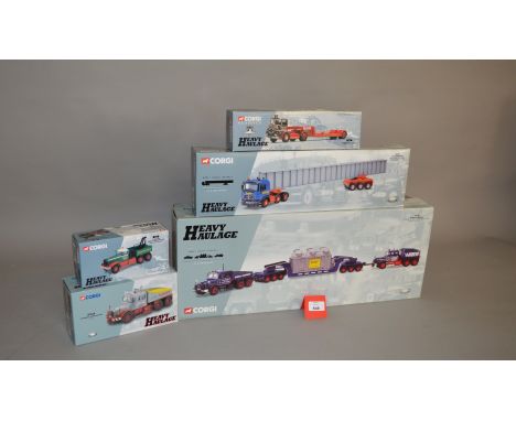 Five Corgi Heavy Haulage 1:50 scale diecast models: CC12302 Sunters Scammell Contractor; 55603 Cadzow Heavy Haulage Diamond T