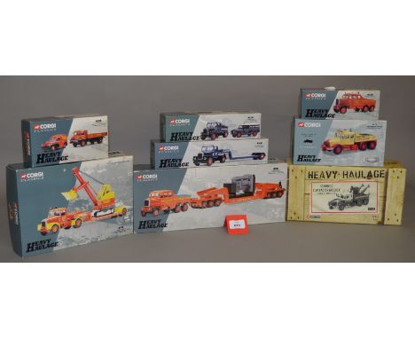 Eight Corgi Heavy Haulage 1:50 scale diecast models: CC12306; 31006; 17501; 17905; 16601; 16701; 31010; 17603. VG, boxed with