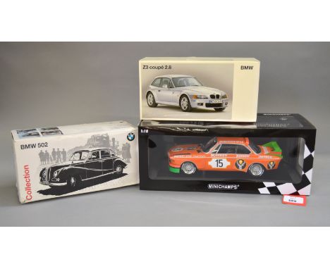 A Minichamps 1/18 Scale model of a BMW 3.0 CSL in Jagermeister livery, together with 1/18th and 1/24th scale BMW models GB ex